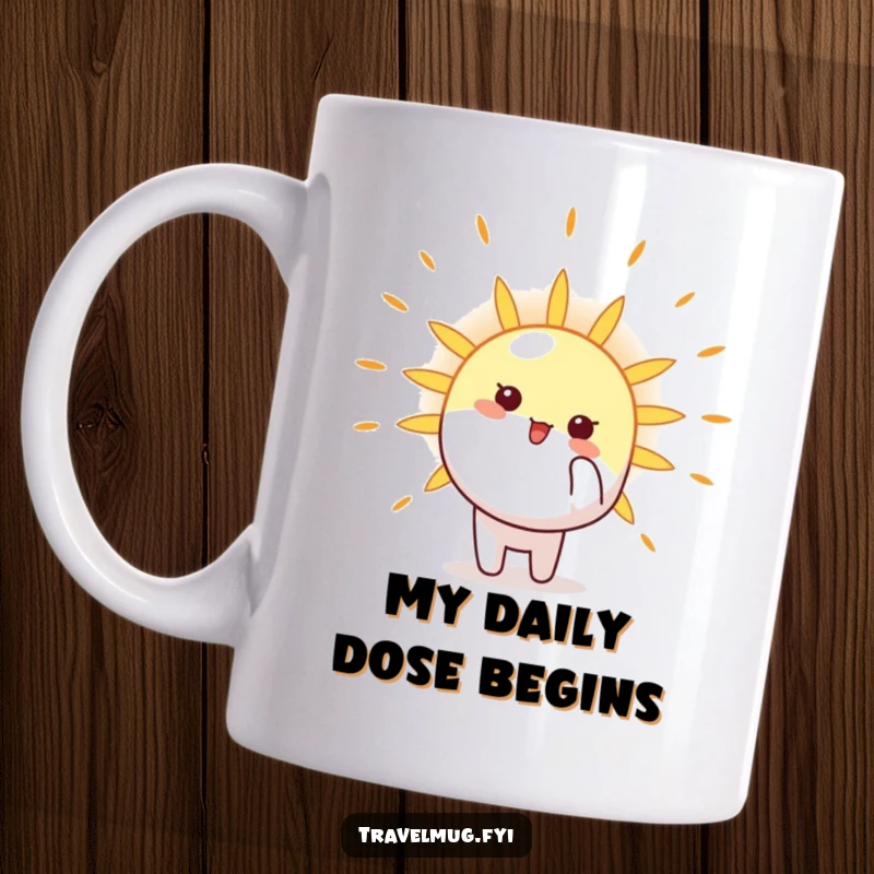 Funny Mug with a happy character enthusiastically pointing towards a bright, shining sun, embodying pure joy and optimism.