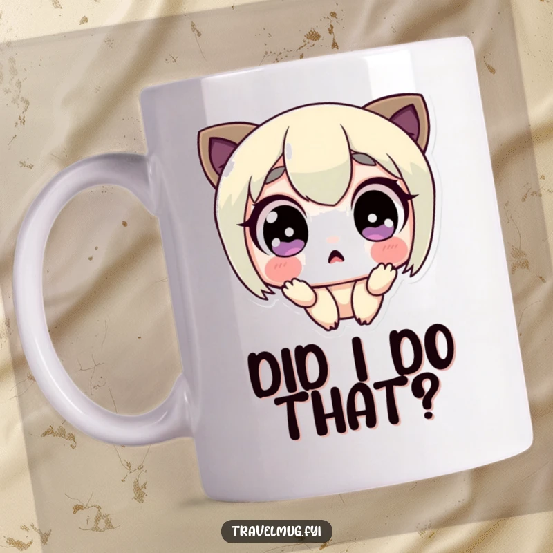 Funny mug showcasing a cute character with comically wide, surprised eyes, mouth agape in shock, perfect for expressing sudden disbelief.
