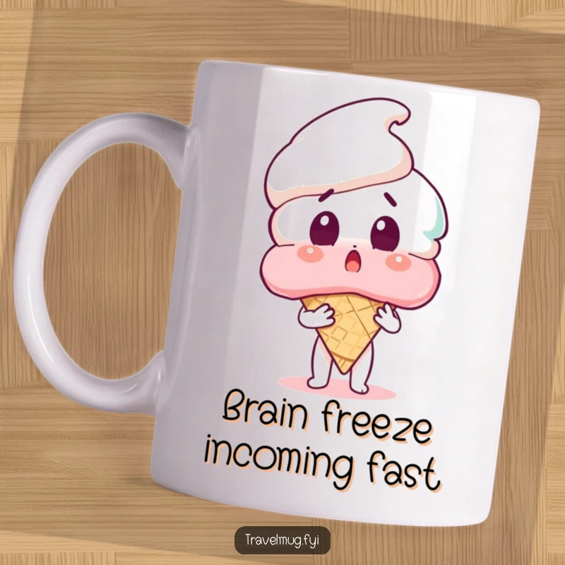 Funny mug showing a character with a wide-eyed surprised expression, clutching an enormous ice cream cone, ready for a sweet, hilarious moment.