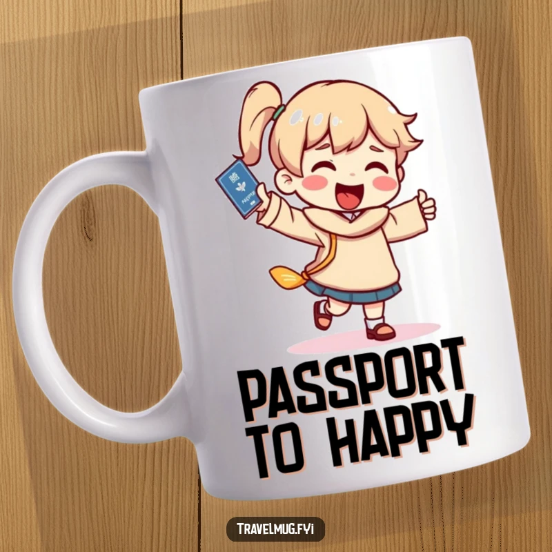 Funny travel dance mug, character happily dancing with a passport, celebrating the joy of upcoming travel and vacations.
