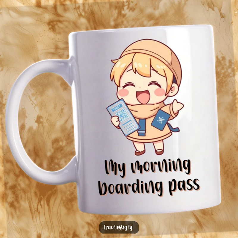 Funny Mug: A character gleefully holding a passport and ticket, ready for an exciting journey, perfect for travel enthusiasts.