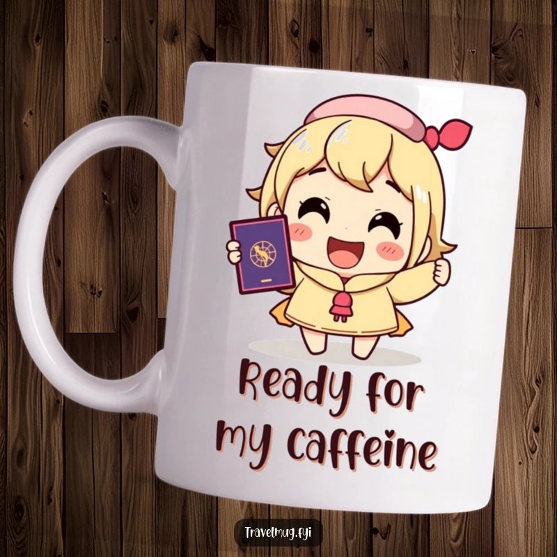 Funny mug showing a character with a huge, excited smile, joyfully holding up a passport, ready for travel adventures.