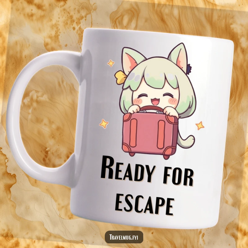 Funny mug with a character joyfully hugging a small suitcase, symbolizing excitement for travel and adventure.