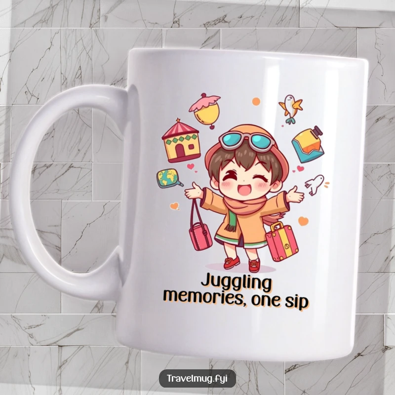Funny mug showing a character gleefully juggling colorful travel souvenirs, embodying a joyful and humorous spirit of adventure.