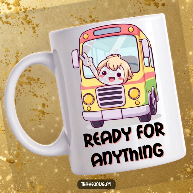 Funny mug showing a cute character enthusiastically waving to attract the attention of a whimsical, colorful bus.
