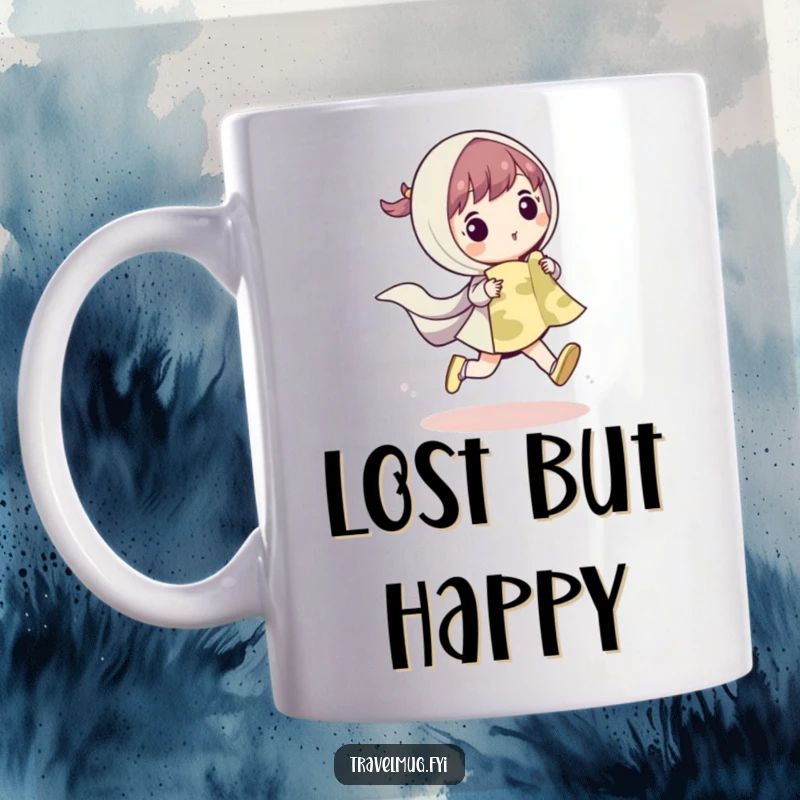 Funny mug showing a cute character happily skipping while holding a map, embodying joy and adventure.