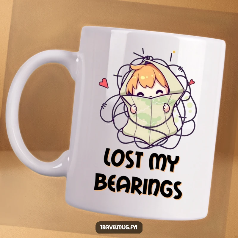 Funny mug shows a character comically tangled in a large map, expressing confusion and humor for travel lovers.