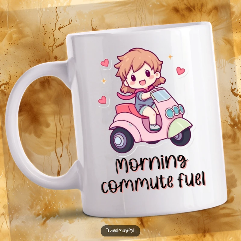 Funny mug of a character happily riding a small, whimsical vehicle, showcasing pure joy and the excitement of adventure.