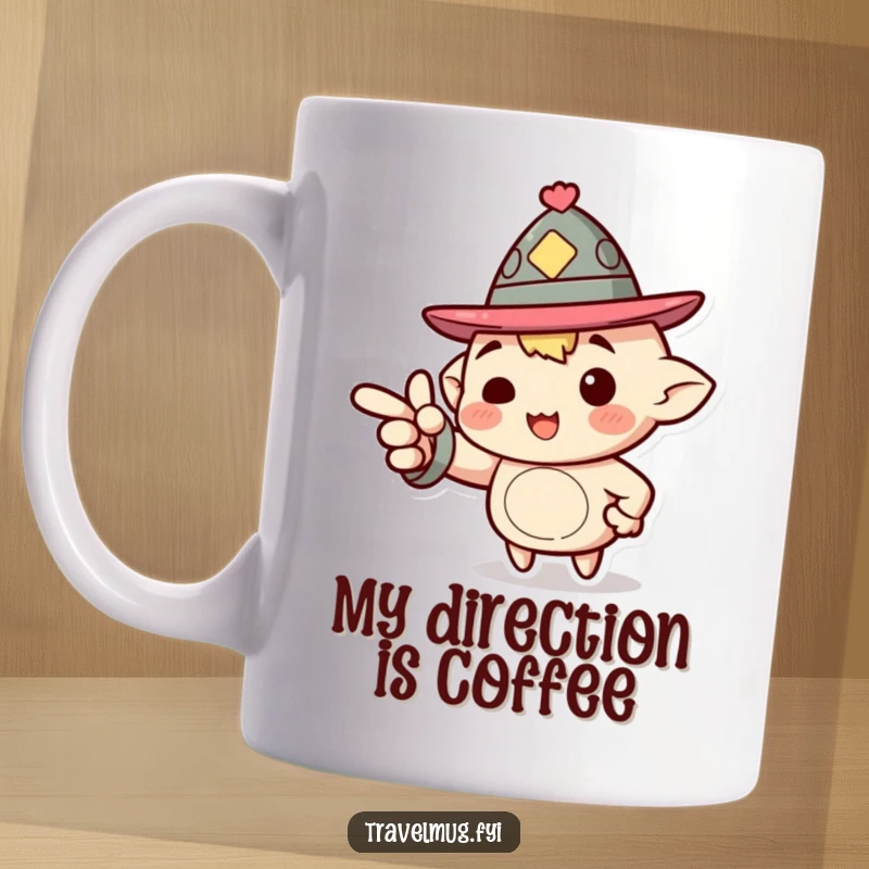 Funny Mug: A character wearing a jaunty hat enthusiastically pointing forward, indicating progress and determination, great for motivation.