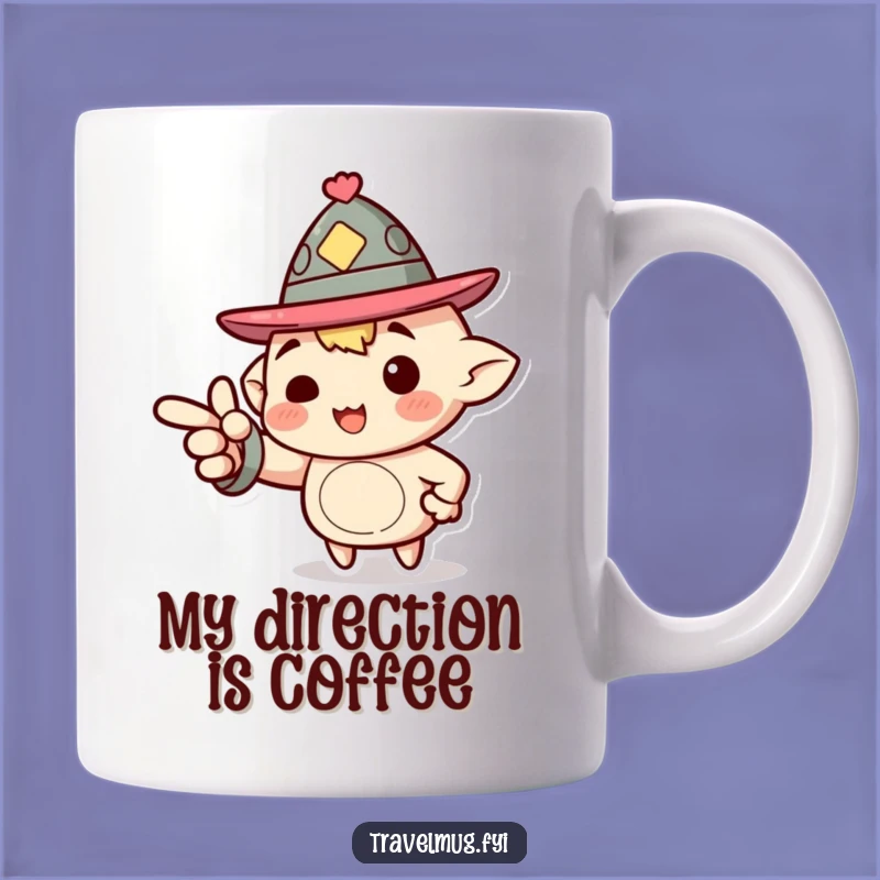 Funny Forward Mug: Jaunty Hat Character Points Ahead, Perfect Funny Directional Gift!
