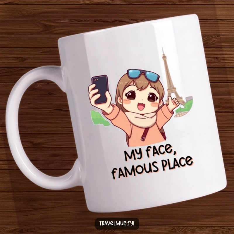 Funny mug shows a character taking a selfie at a famous landmark, embodying a humorous and adventurous travel spirit.