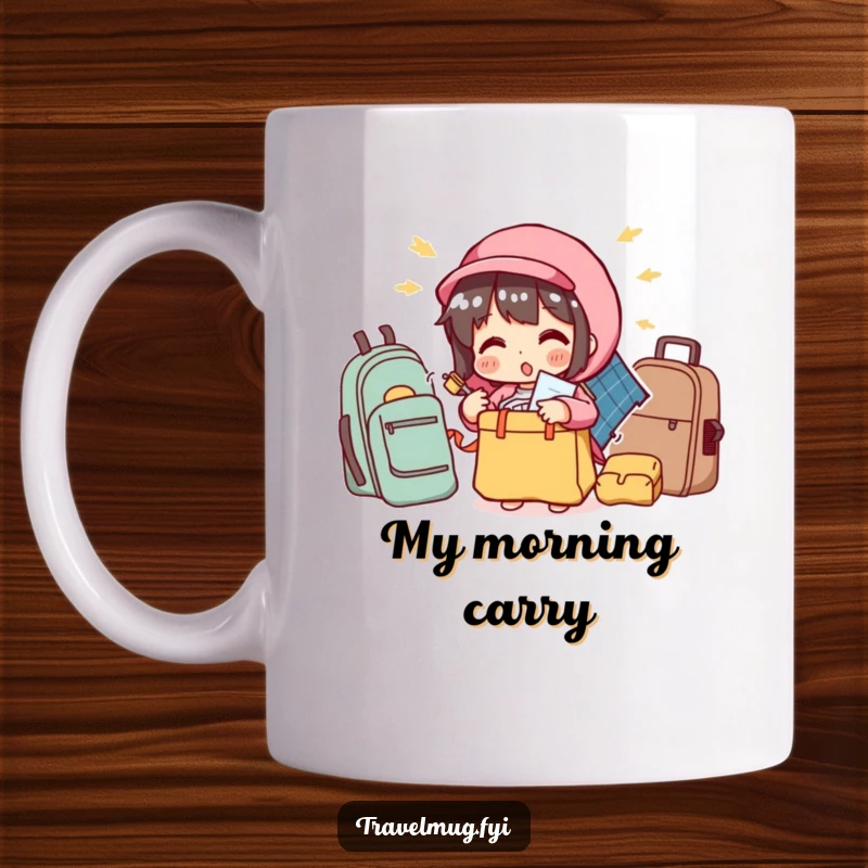 Funny mug shows a character comically trying to stuff too many items into a small bag, depicting packing woes.