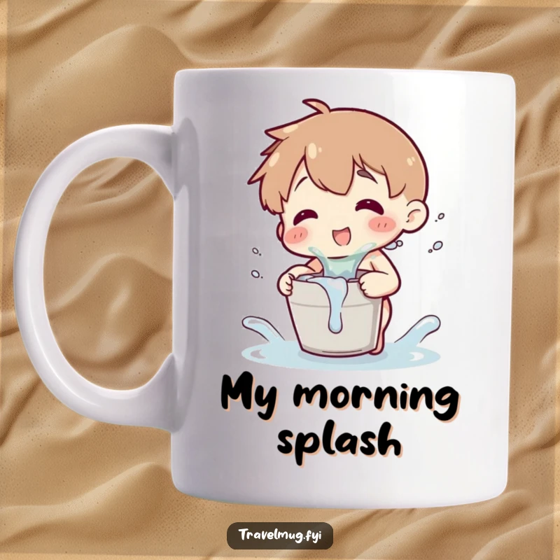 Funny mug showing a character playfully splashing water from a small bucket, embodying innocent fun and joy.