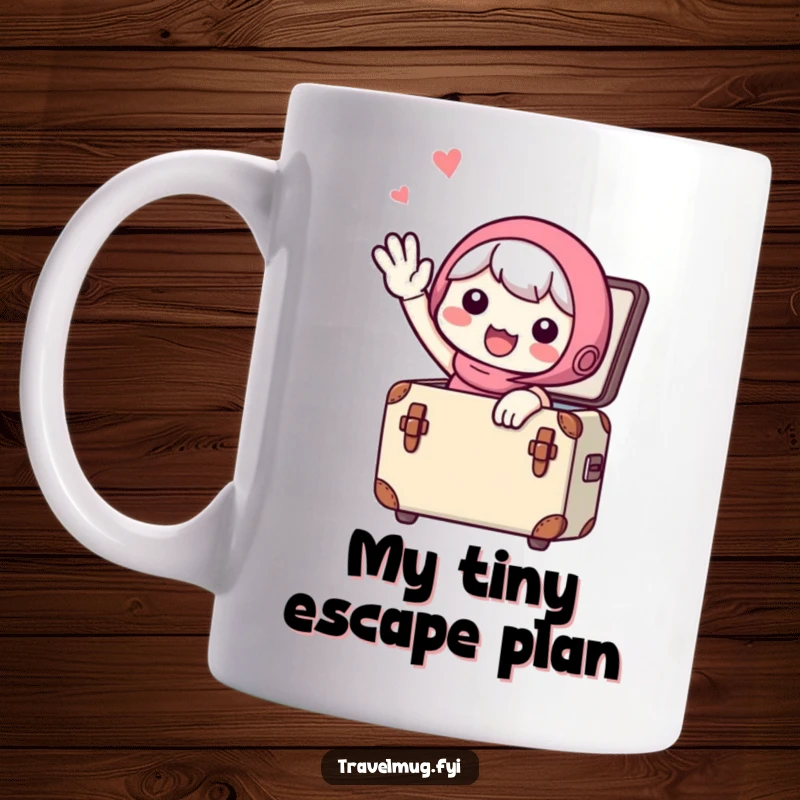 Funny Mug: A cute character waving goodbye from a small suitcase, embarking on an exciting journey, perfect for travel lovers.