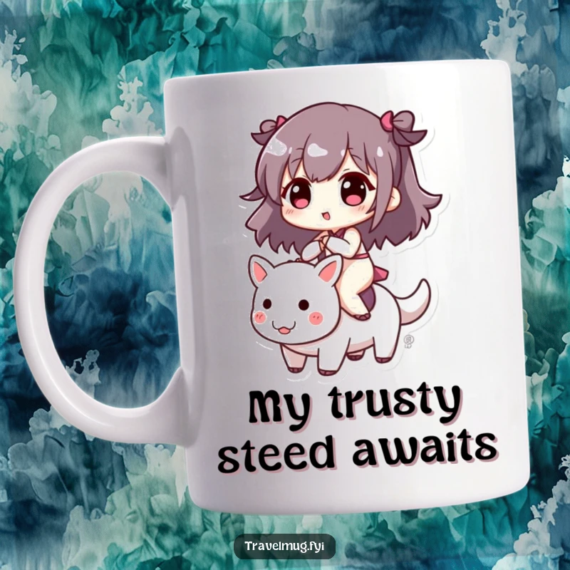 Funny mug illustration of a cute character joyfully riding a small, energetic creature, embodying playful adventure and happiness.