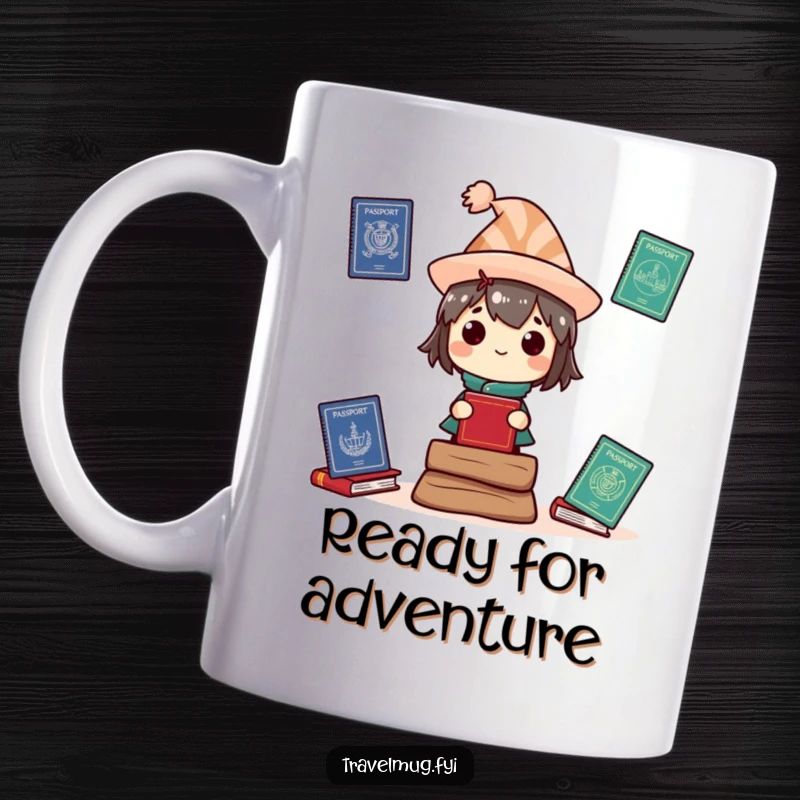 Funny Mug: A character in a silly hat juggles several passports, ready for international adventures.