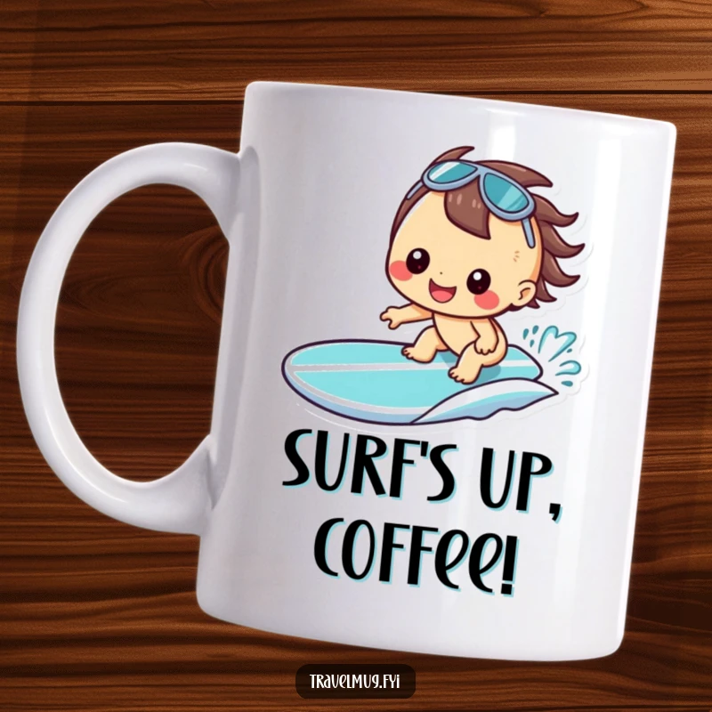 Funny Kawaii Mug, a happy character with a huge grin on a surfboard, enjoying the waves.