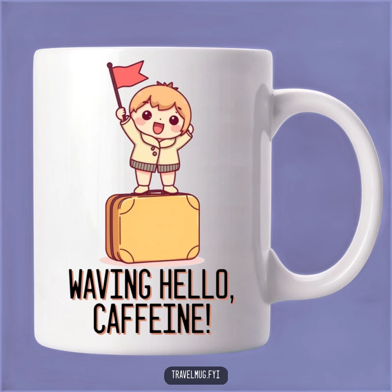 Funny Traveler Mug: Character Waving Flag on Suitcase, Adventure Gift