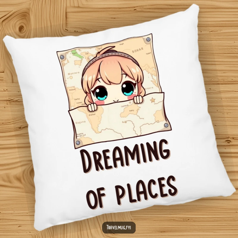 Funny Pillow showing a character with wide eyes peeking out from behind a giant map, perfect for cozy, curious decor.