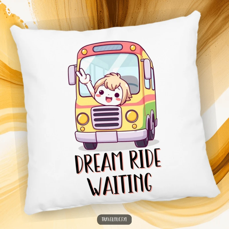 Funny pillow depicting a cute character enthusiastically flagging down a whimsical, vividly colored bus.