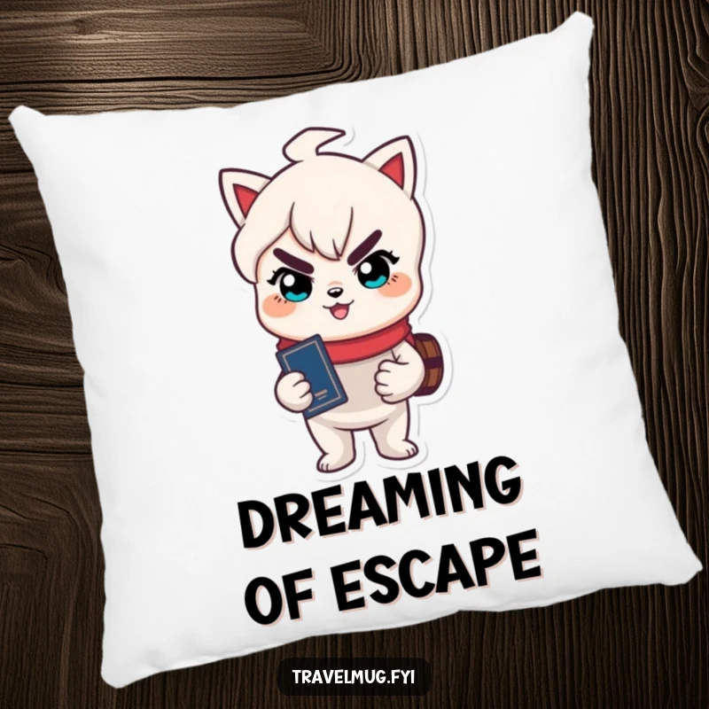 Funny pillow with a cute character holding a passport and sporting a mischievous grin, perfect for dreaming of travel.