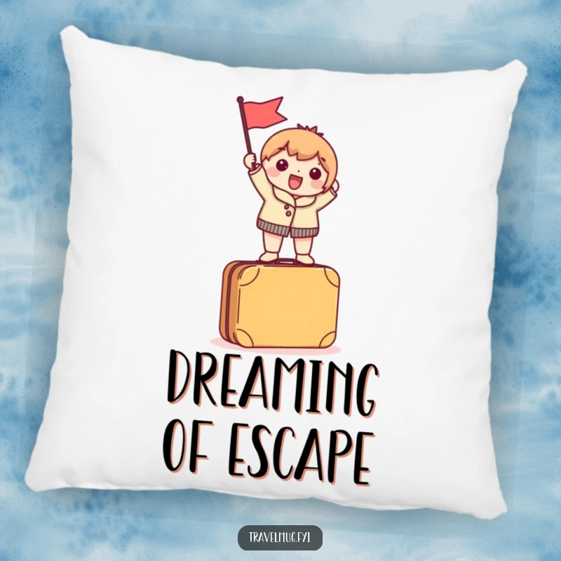 Funny Pillow showing a character waving a tiny flag while standing on a suitcase, perfect for cozy, adventurous decor.