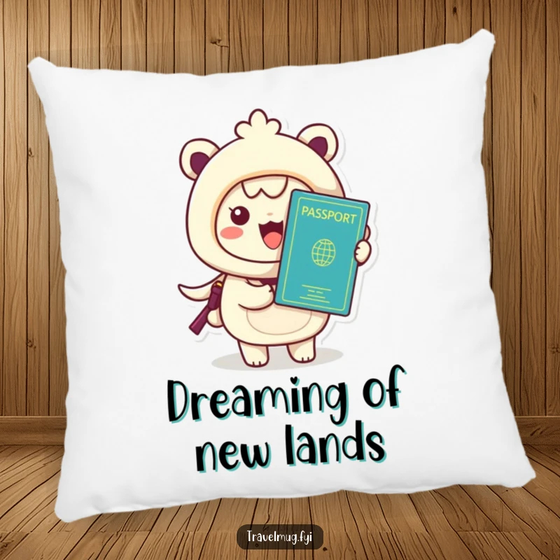 Funny Kawaii Pillow, a cute character holding a passport, adding a touch of travel humor to any room.