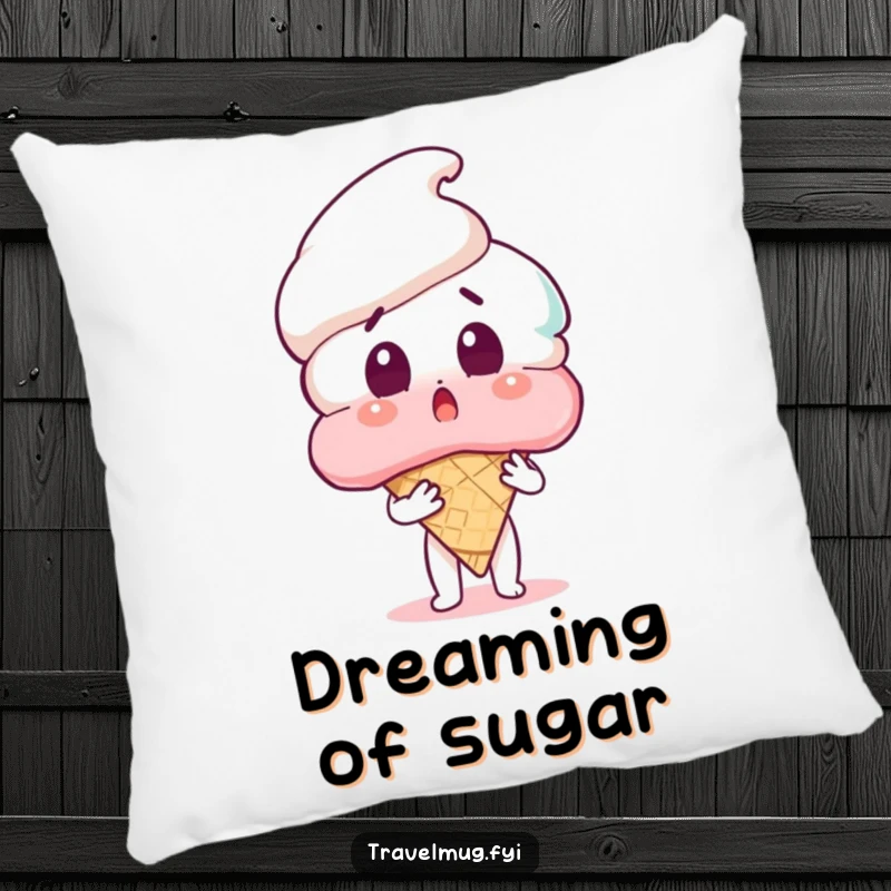 Funny pillow design of a character looking surprised with a giant ice cream cone, offering humorous comfort and quirky decor.