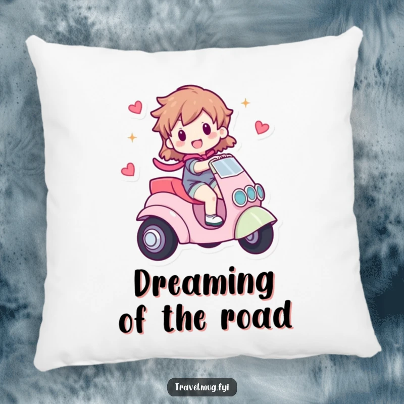 Funny pillow featuring a character happily riding a small, whimsical vehicle, offering comfort and a touch of whimsical adventure decor.