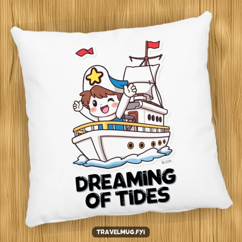 Funny Pillow: A happy character waves goodbye from a departing ship, bringing cheer and travel vibes.