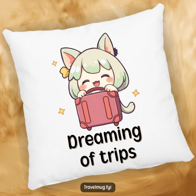 Funny pillow featuring a character hugging a suitcase, offering comfort and a humorous reminder of upcoming trips.