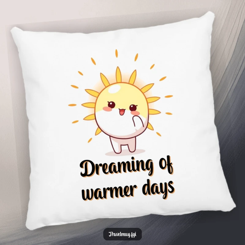Funny Pillow design showcasing a character joyfully pointing towards a bright sun, offering comfort and a cheerful vibe.