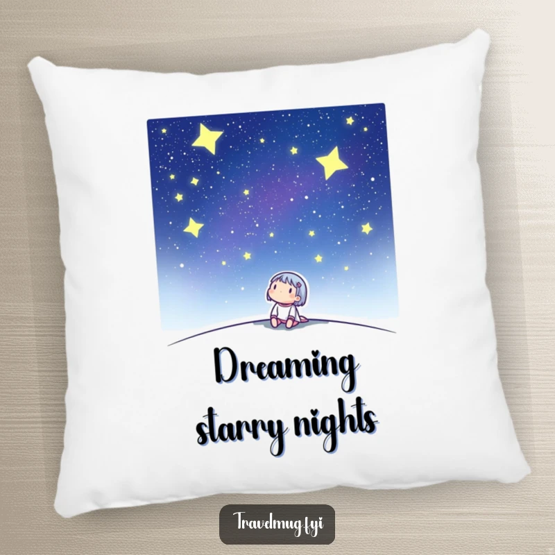 Funny pillow with a cute character looking up at a starry night sky, perfect for serene, dream-filled moments.