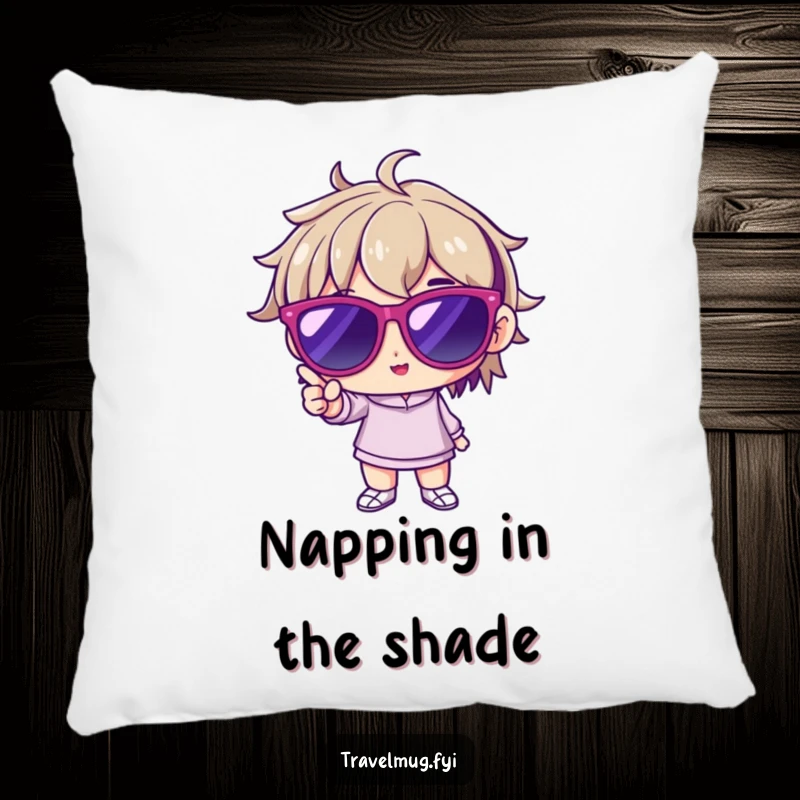 Funny pillow featuring a character wearing oversized sunglasses, striking a pose, offering comfort and a touch of bold, whimsical decor.