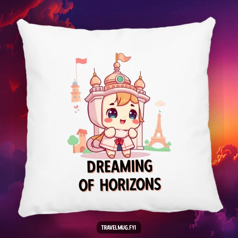 Funny decorative pillow with a cute character looking in wonder at a landmark, designed to add comfort and travel inspiration.