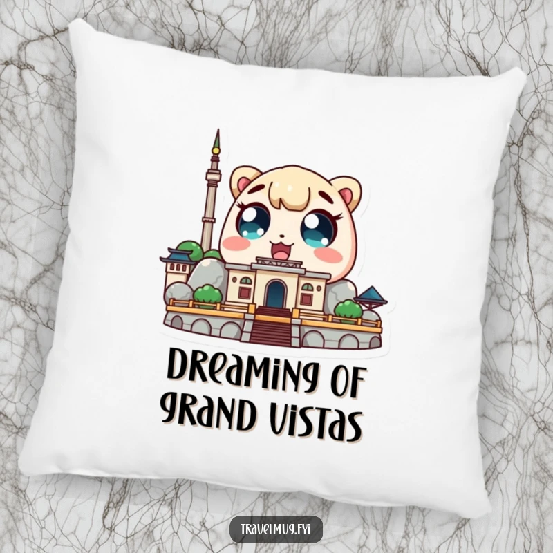 Funny Kawaii character pillow showing a cute character with amazed eyes looking at a landmark, soft and travel-themed decor.