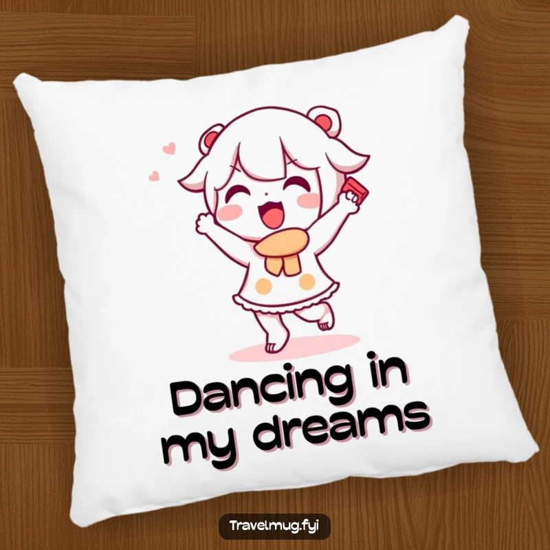 Funny Kawaii character pillow showing a cute character doing a happy dance with a souvenir, soft and cheerful decor.