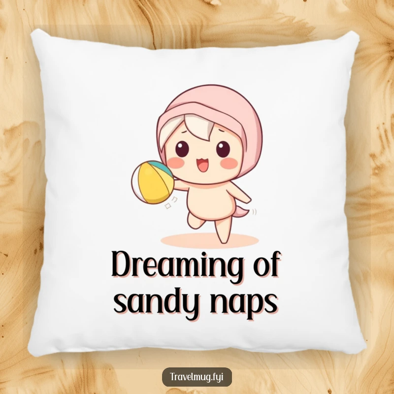 Funny Kawaii character pillow showing a cute character playfully tossing a beach ball, soft and fun summer decor.