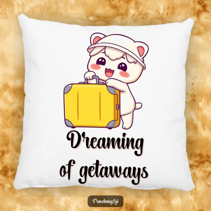 Funny Kawaii Pillow, a cute character pointing at a suitcase, adding a touch of travel humor to decor.
