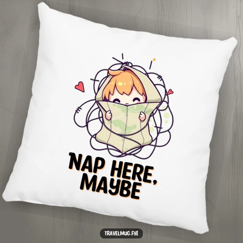 Funny pillow featuring a character comically tangled in a map, offering soft, humorous decor for travel enthusiasts.
