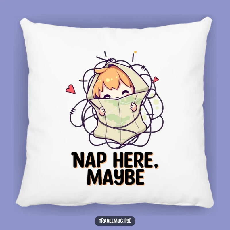 Funny Map Tangle Pillow: Comfy Character Lost In A Map, Cozy Humor Decor
