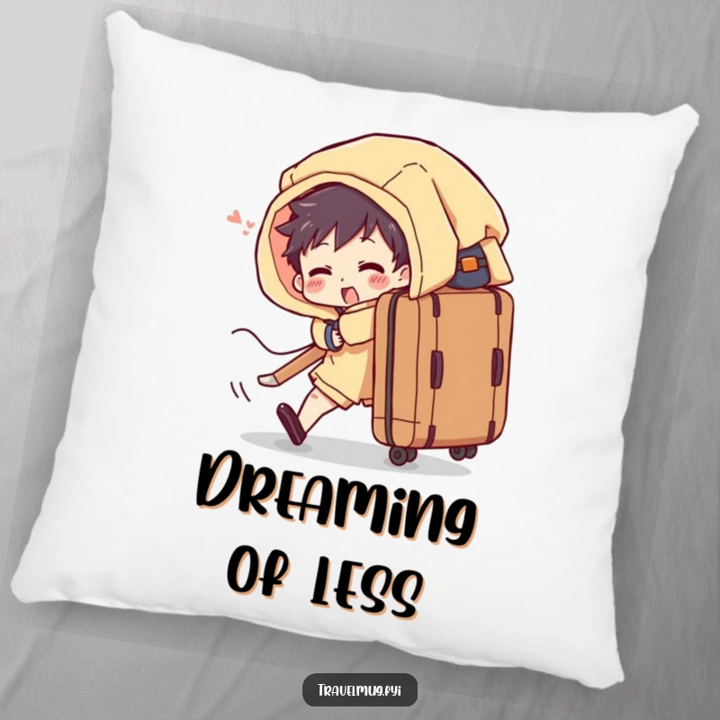 Funny pillow features a character comically overloaded with a bursting suitcase, offering comfort and packing humor.