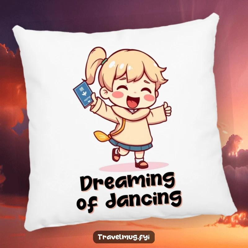 Funny passport dance pillow, a character dancing with a passport, perfect for cozy, humorous travel decor.