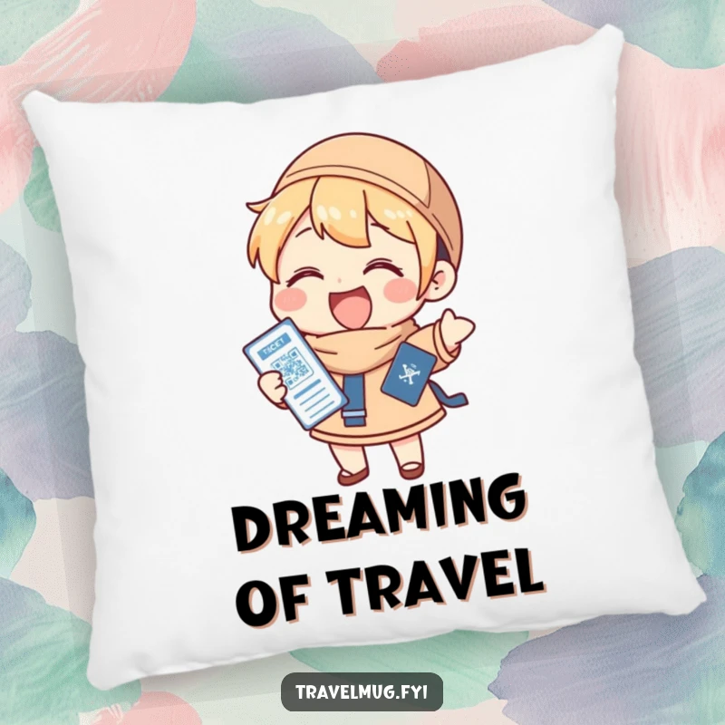 Funny Pillow: A character gleefully holding a passport and ticket, perfect for adding travel-themed comfort and excitement.