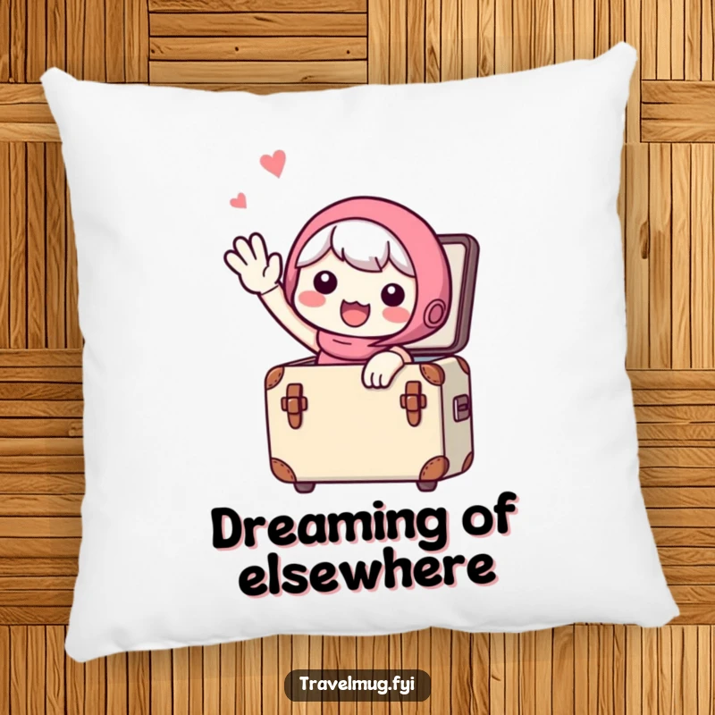 Funny Pillow: A cute character waving goodbye from a small suitcase, dreaming of faraway places, perfect for cozy spaces.