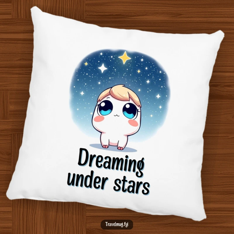 Funny Pillow: A character with wide eyes looking up at a star-filled sky, perfect for adding celestial comfort and whimsy.
