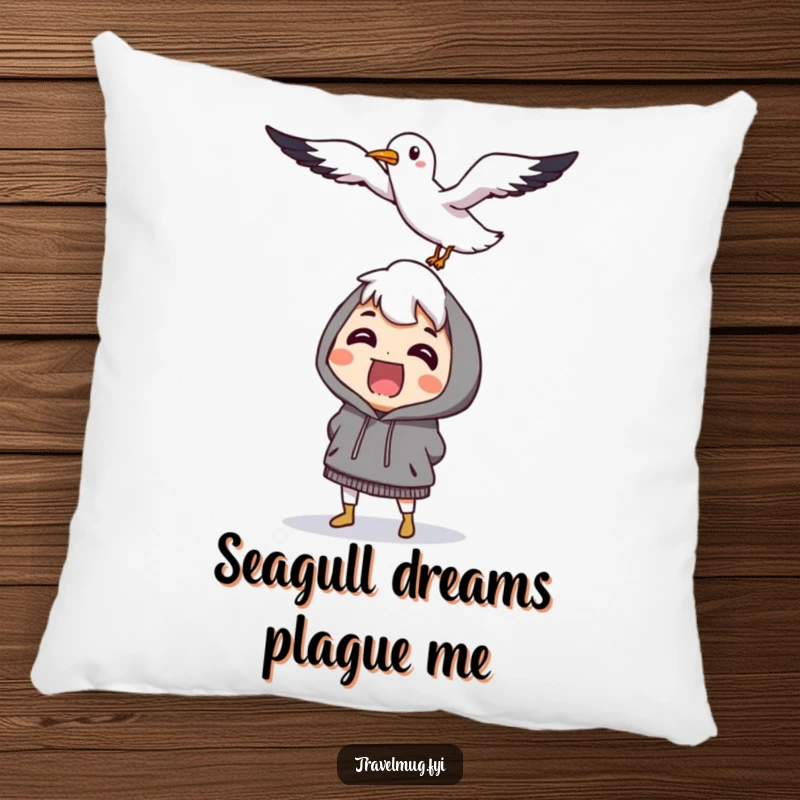 Funny character comically surprised by a flying, smiling seagull, a soft and humorous pillow for beach lovers.
