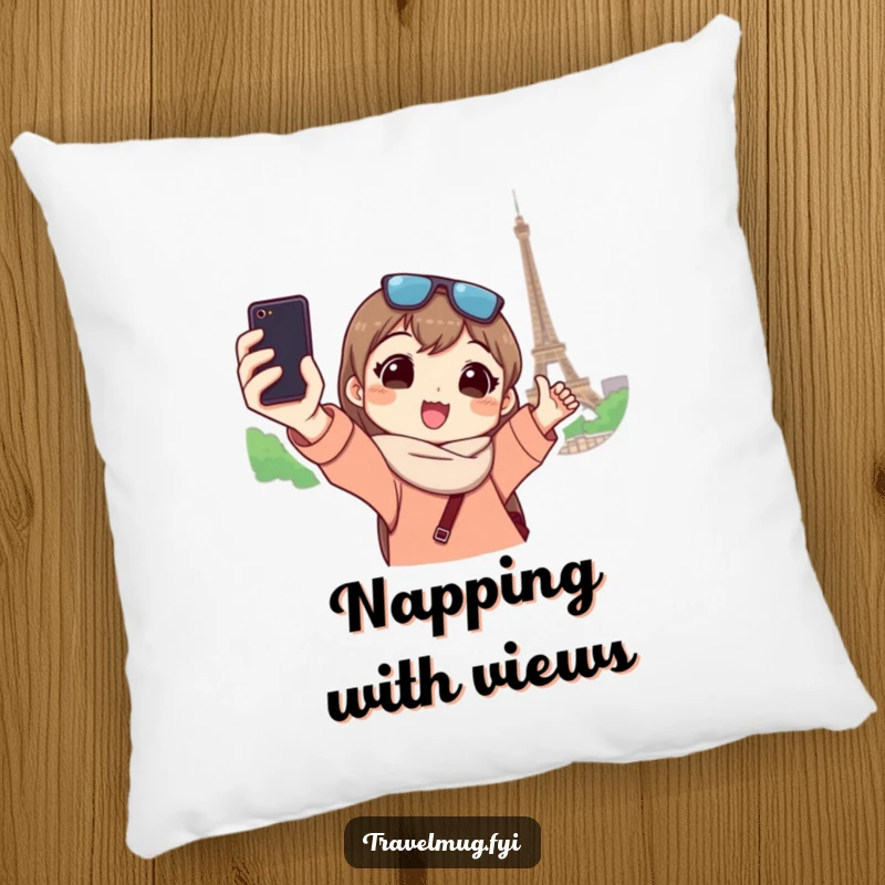 Funny pillow features a character taking a selfie at a landmark, providing comfort and a humorous travel statement.