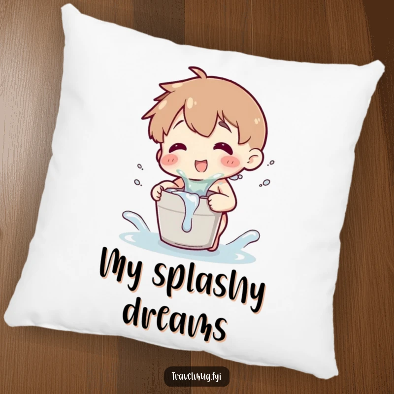 Funny pillow showcasing a character playfully splashing water from a tiny bucket, offering comfort and cheerful humor.