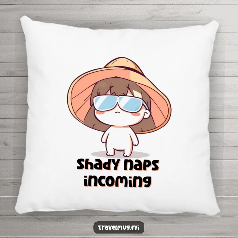 Funny sun hat character pillow, a cozy accent featuring a humorous character under a comically huge sun hat, perfect for a funny gift.